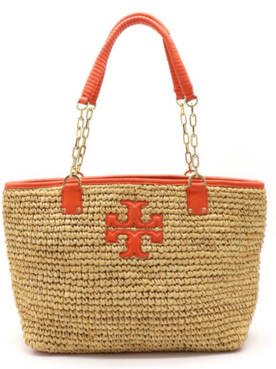 Tory Burch Handbags - Tory Burch Straw Tote shoulder chain Orange Trim and Gold Chain Handles